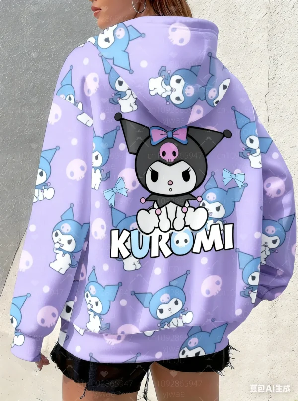 2025 felpa con cappuccio da donna floreale Kuromi stampa felpa allentata all'aperto All-Match Felpa con cappuccio da donna Ragazza Top Abbigliamento donna 5