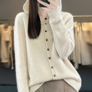 Cardigan lavorato a maglia in lana merino 100% prima linea Felpa con cappuccio autunno e inverno da donna Maglione allentato Cappotto versatile alla moda Top YC014 1