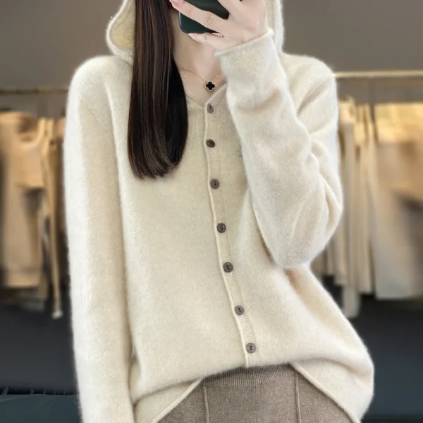Cardigan lavorato a maglia in lana merino 100% prima linea Felpa con cappuccio autunno e inverno da donna Maglione allentato Cappotto versatile alla moda Top YC014 1