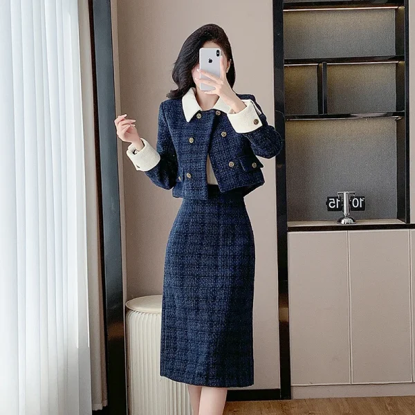 Autunno e inverno nuovo risvolto abbinato al colore Tweed giacca da donna Socialite All-match elegante cappotto Top gonna Set di due pezzi 3