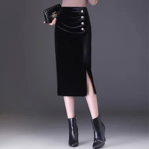 Gonna avvolgente di media lunghezza in velluto dorato per donna con spacco laterale Elegante tessuto in poliestere stile pendolare d'affari aderente 1