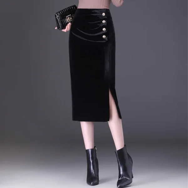 Gonna avvolgente di media lunghezza in velluto dorato per donna con spacco laterale Elegante tessuto in poliestere stile pendolare d'affari aderente 1