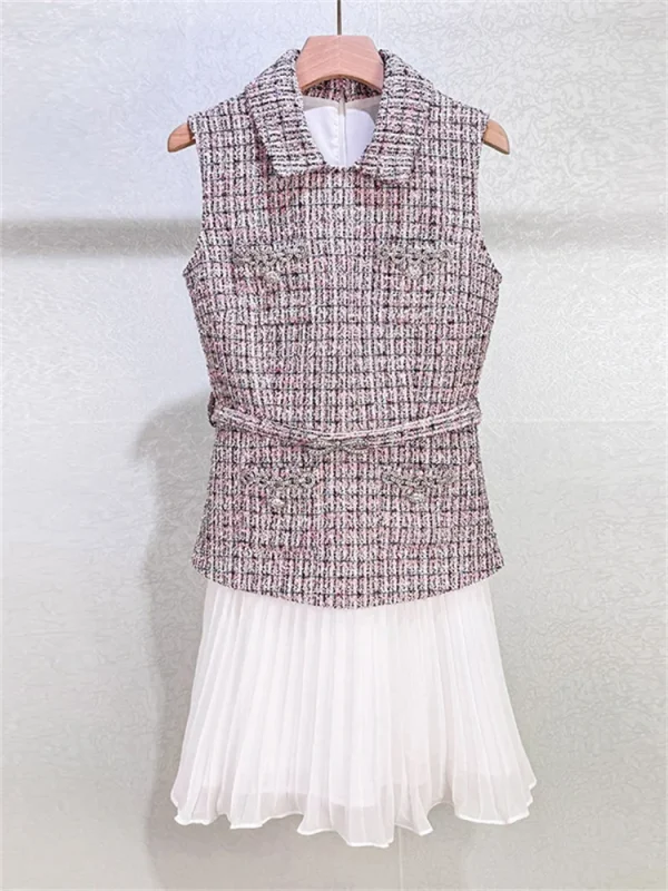 Abito da donna elegante finto in due pezzi patchwork di tweed a pieghe senza maniche colletto rovesciato mini vestaglia di lusso da donna con fasce 2