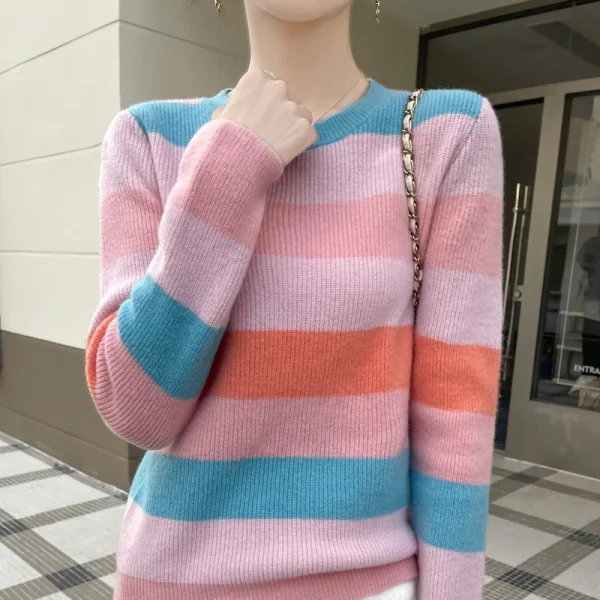 Moda 100% lana merino O-Collo lavorato a maglia maglione a righe colorate maniche lunghe pullover cashmere basic morbido abbigliamento casual Top 2