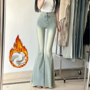 Donna nuova vita alta Vintage Zevity addensare Jeans donna Casual termico Flare pantaloni ragazze moda nero grigio blu Denim pantaloni 1