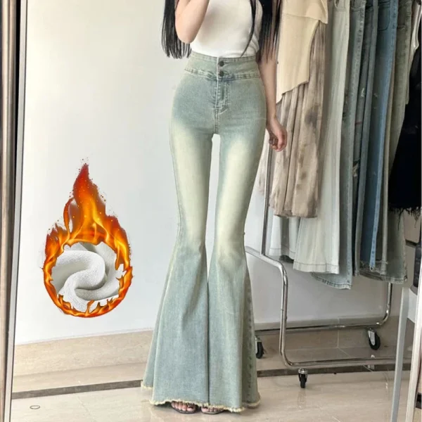 Donna nuova vita alta Vintage Zevity addensare Jeans donna Casual termico Flare pantaloni ragazze moda nero grigio blu Denim pantaloni 1