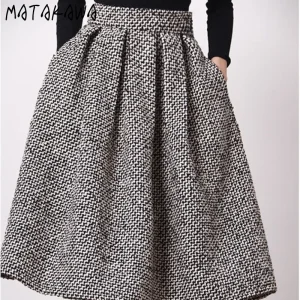 Matakawa Lana Faldas Mujer Plaid Vintage di Spessore Autunno Inverno Coreano Moda Donna Gonne A Vita Alta A-line Retro Gonna Lunga 1