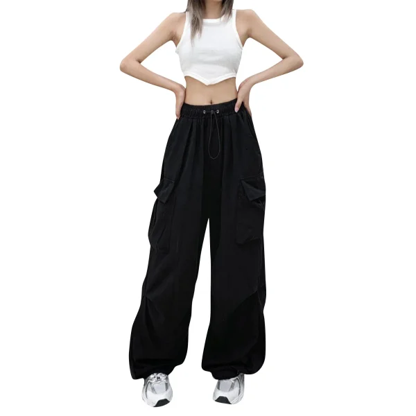 Pantaloni a gamba dritta moda Harajuku Streetwear per ragazze pantaloni larghi larghi a vita alta Multi-tasca neri 2