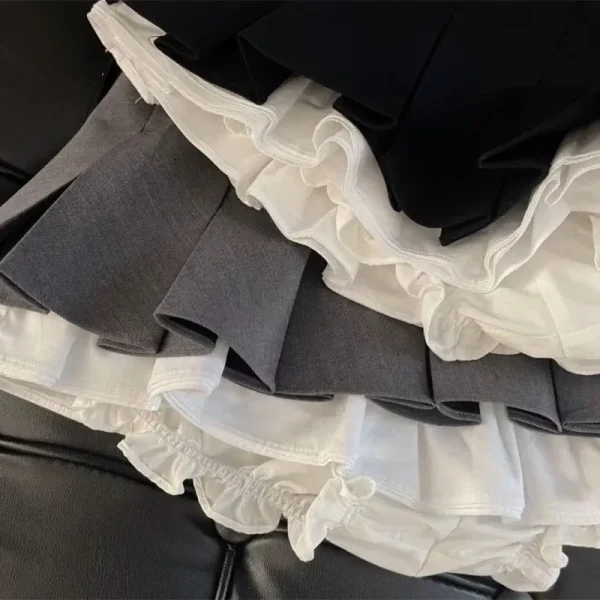 Mooyufon Ruffles Minigonna nera Donna Patchwork coreano Gonne a pieghe Kawaii giapponese a vita alta All Match A Line Gonna Nuovo 4