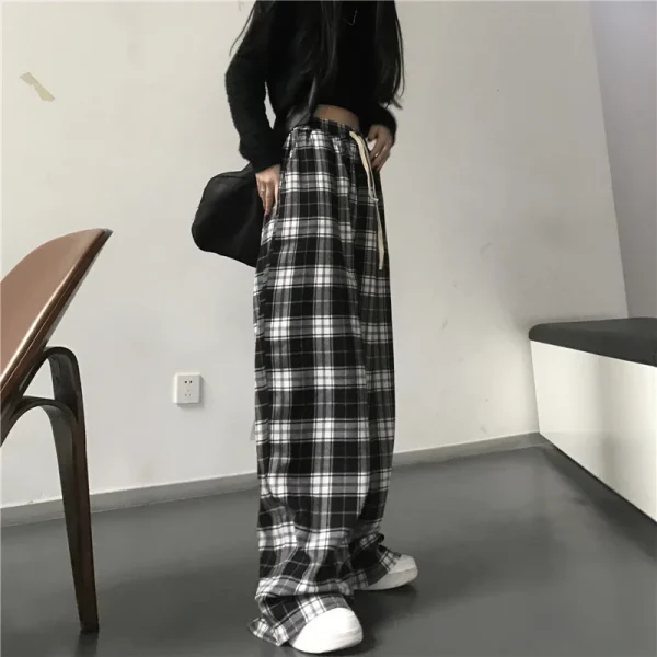 Pantaloni sportivi da donna oversize Pantaloni casual scozzesi neri alla moda Tasche in vita elastiche larghe Pantaloni larghi hip-hop unisex per studenti 6