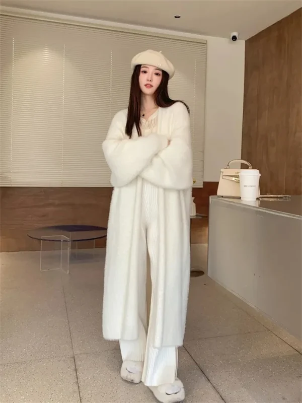 023 autunno/inverno stile pigro sciolto lunghezza al ginocchio addensato puro imitazione visone pile maglione lavorato a maglia Cardigan cappotto cappotto da donna 4