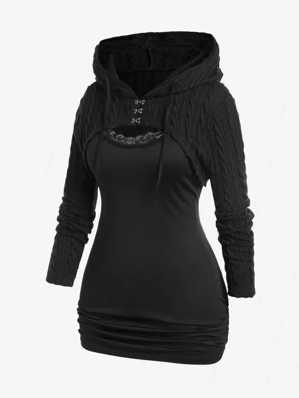 Canotta arricciata con rifiniture in pizzo da donna ROSEGAL e Top in maglia con cappuccio, taglie forti autunno, inverno Streetwear 2 pezzi camicette 4