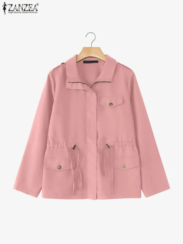 ZANZEA 2025 Autunno Moda Giacche a maniche lunghe Donna Casual Coulisse in vita Zip-Up Capispalla Tinta unita Abbigliamento da lavoro Cappotti cargo 2