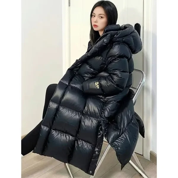 Giacca invernale imbottita in cotone sciolto da donna Cappotto lungo sopra il ginocchio da donna coreano imbottito in cotone caldo nero con cappuccio femminile 2