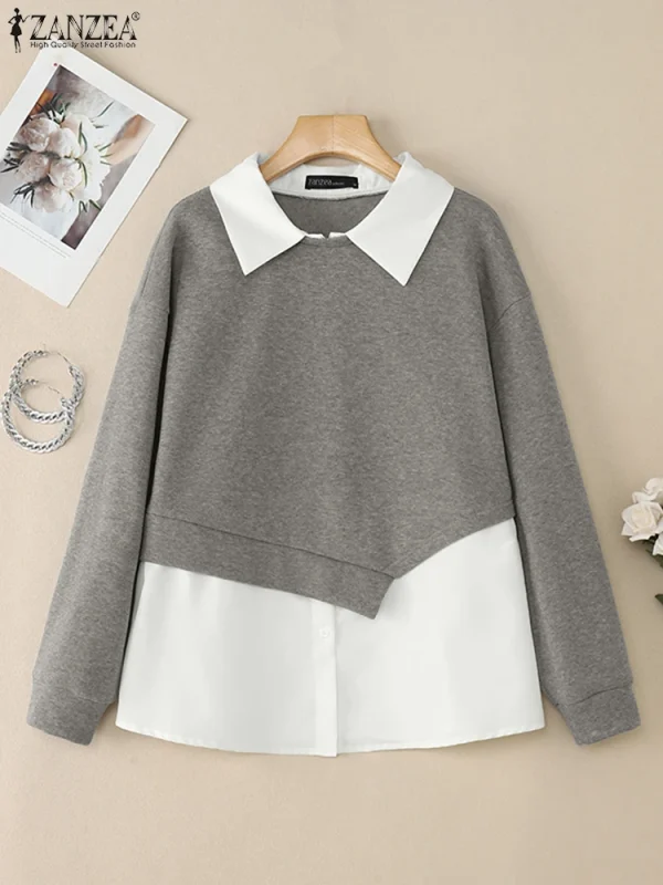 2025 ZANZEA Felpe da donna Elegante autunno Felpe con cappuccio Top a maniche lunghe Elegante OL Camicetta da lavoro Pullover Risvolto Patchwork Blusas 4