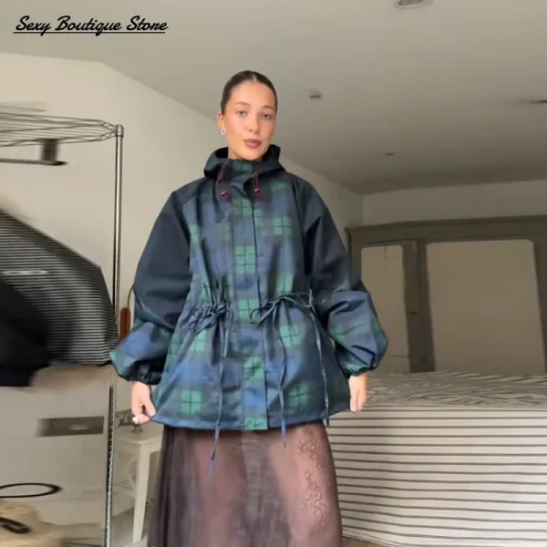 Giacca da donna allentata con griglia vintage Cappotto con colletto allentato oversize con cappuccio a maniche lunghe Capispalla con lacci 2025 New Lady Streetwears 2