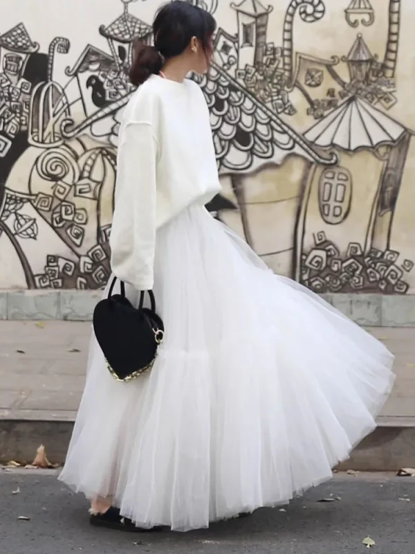 Gonna da donna in tulle con volant multistrato Gonna lunga soffice a pieghe a vita alta Abito da torta da fata Gonna lunga da festa con tutù 3