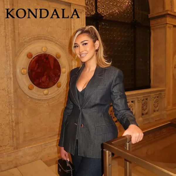 KONDALA 2025 Autunno Inverno Streetwear Denim Donna Blazer Moda Office Lady Solid monopetto Coprispalle Eleganti ragazze Giacche 2