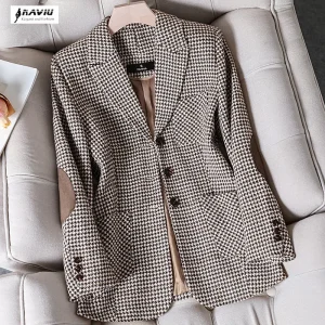 Blazer scozzese da caffè donna Tempeament Wool manica lunga New Fashion Slim Jacket Office Ladies Work Coat top grigi 1