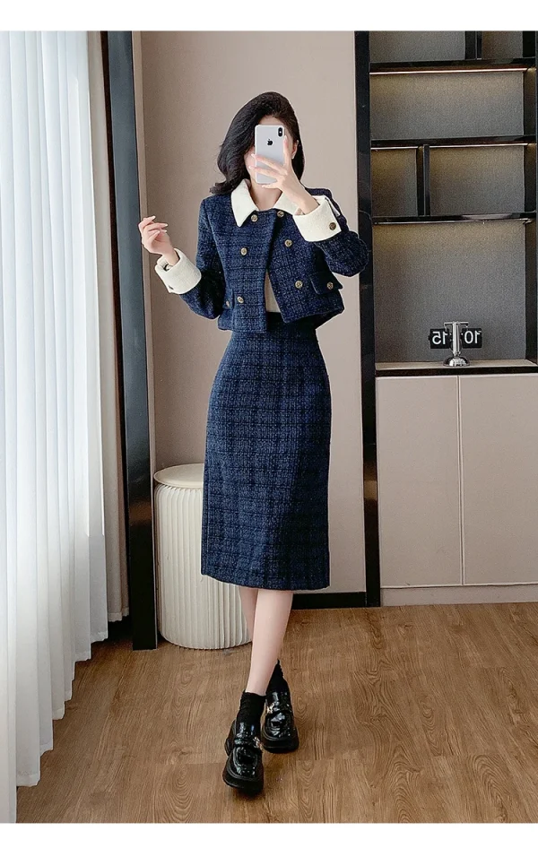 Autunno e inverno nuovo risvolto abbinato al colore Tweed giacca da donna Socialite All-match elegante cappotto Top gonna Set di due pezzi 4