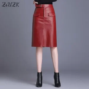 ZUZK Gonna da donna in pelle PU al ginocchio primavera autunno tinta unita gonne dritte casual gonne in pelle PU 3 colori 1