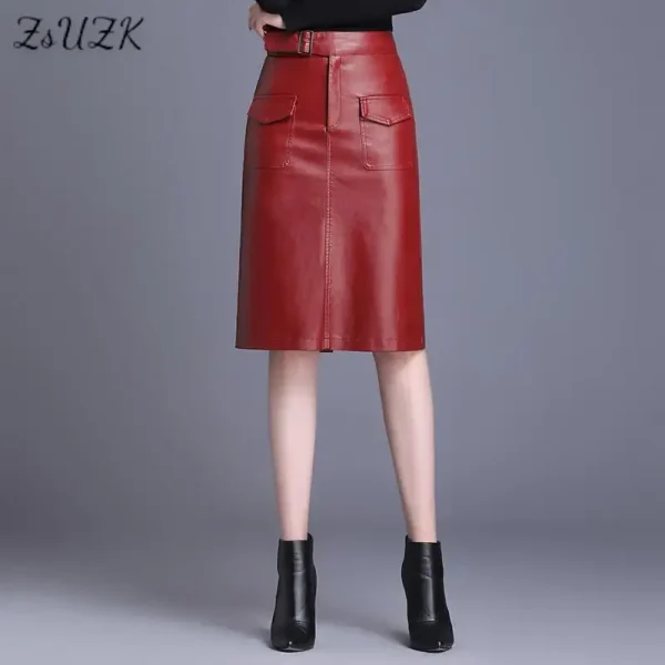 ZUZK Gonna da donna in pelle PU al ginocchio primavera autunno tinta unita gonne dritte casual gonne in pelle PU 3 colori 1
