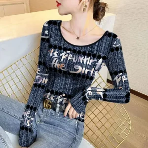 T-shirt Pullover a maniche lunghe stampata Slim a maniche lunghe con scollo alto e fondo autunno e inverno da donna 1