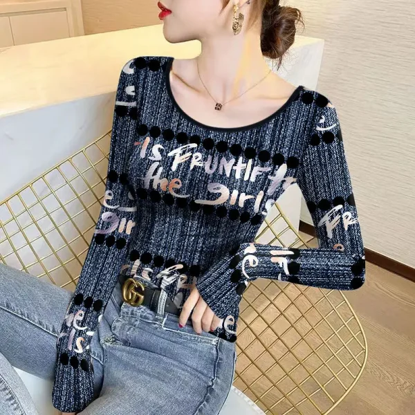 T-shirt Pullover a maniche lunghe stampata Slim a maniche lunghe con scollo alto e fondo autunno e inverno da donna 1