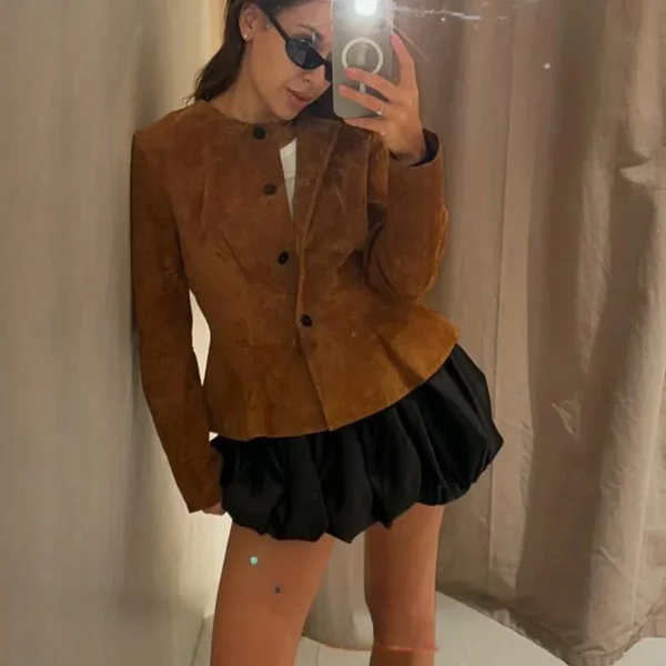 KONDALA Streetwear Pelle scamosciata Donna Giacche O Collo Bottoni Manica lunga Giacche corte Moda 2025 Autunno Inverno Capispalla casual 5