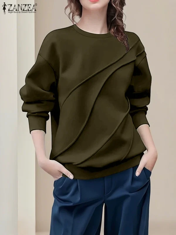 ZANZEA 2025 Felpe da donna Solido Manica lunga Casual Felpe allentate Moda O-Collo Autunno Pullover Capispalla a pieghe 3