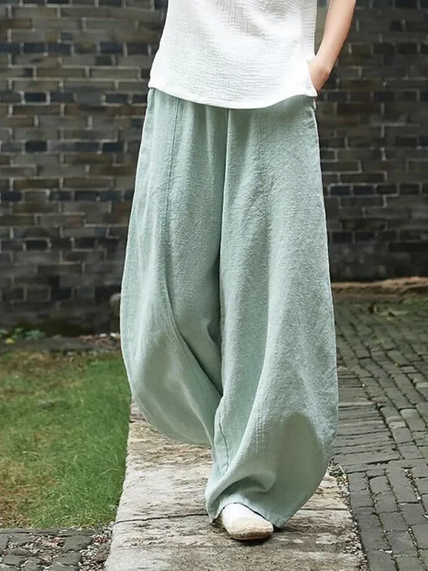 2024 Cotone Lino Bloomers Pantaloni a gamba larga Donna Vintage Full Length Moda Elegent Pantaloni Solid Elasitic Vita Primavera Autunno 5XL 4