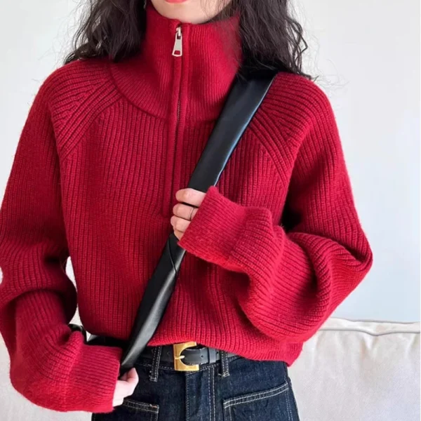 2025 New Fashion Mezza Collo Alto Cerniera Maglione Lavorato a Maglia Maglione di Colore Solido delle Donne Casual Allentato Crop Top in Maglia Elegante Pullover 5