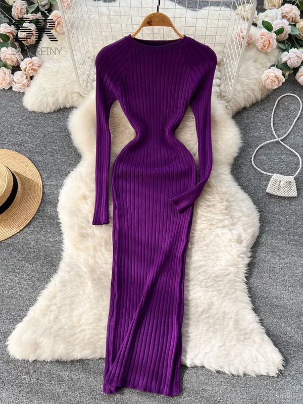 SINGREINY Abito lungo in maglia da donna invernale o collo autunno manica lunga slim solido Harajuku moda donna maglione a matita abiti lunghi 3