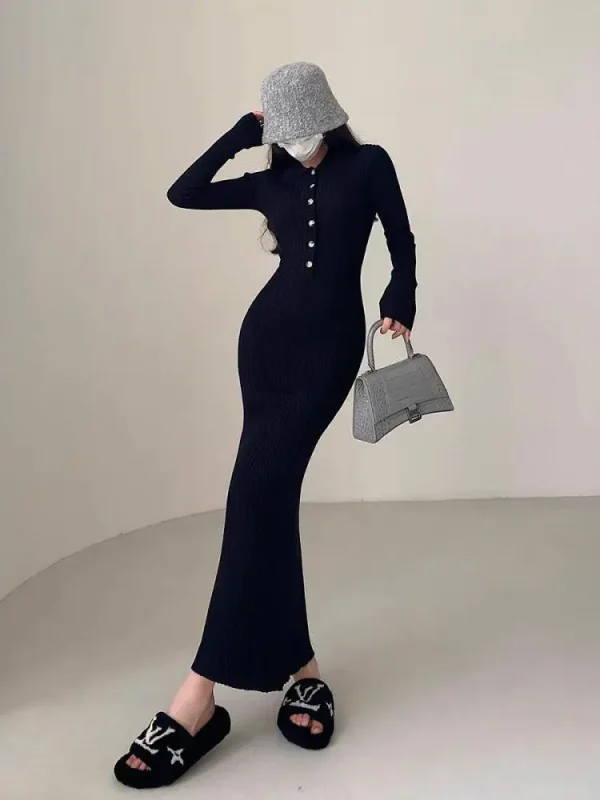 Eleganti abiti da festa per le donne 2023 abito autunno inverno elastico a maniche lunghe Slim Vintage Basic Knit Dress Y2k 4