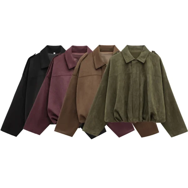 HXAO Giacca bomber da donna Giacca in pelle scamosciata con cerniera a maniche lunghe con risvolto Donna 2025 High Street Giacche da corsa corte Cappotti Capispalla 2