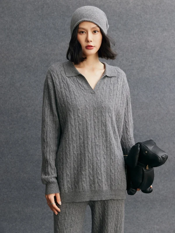 Polo da donna con scollo a V maglione pullover allentato casual 100% maglieria in cashmere caldo lusso twist fiore maglione autunno inverno vestiti Top 2