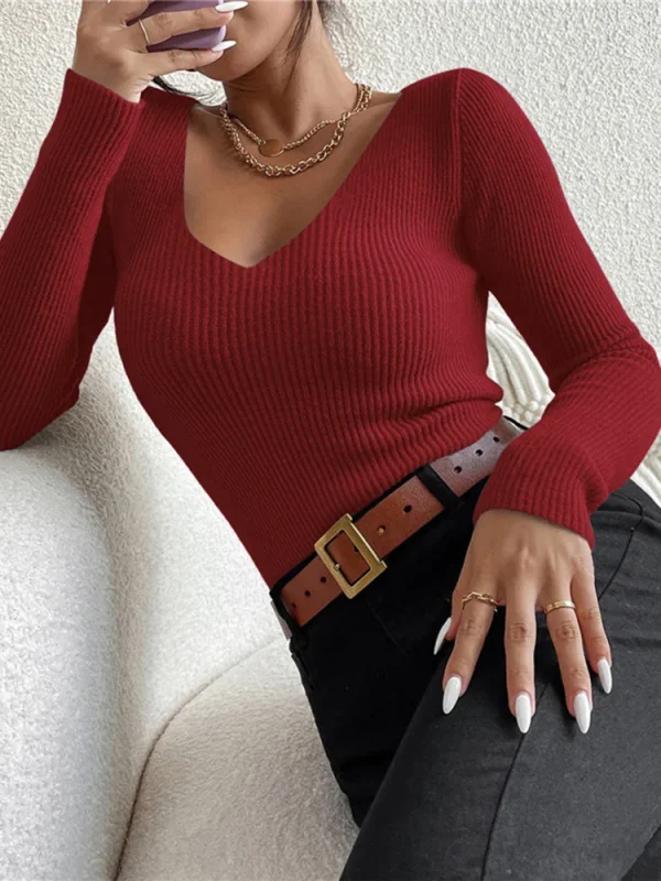2026 Autunno Inverno Donna Maglia a costine solida con scollo a V Stripe Pull Maglione Femme Y2k Manica lunga Pullover Jersey Top Abiti di moda 5