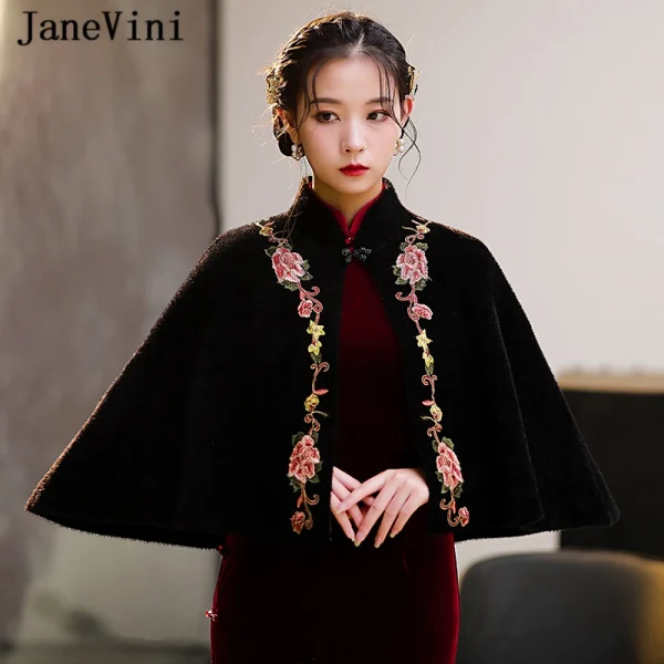JaneVini Mantello invernale da sposa nero gotico Bolero Borgogna Ricamo Scialle in pelliccia sintetica Avvolge Mantelli da sposa formali da donna Coprispalle 1