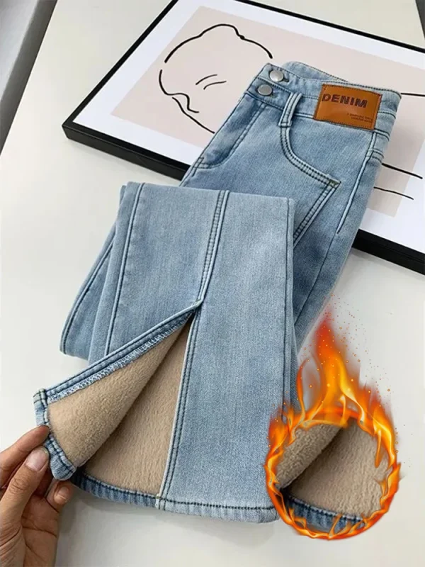 Pantaloni in denim skinny con bottoni addensati Inverno più jeans svasati divisi foderati in velluto Vita alta Vaqueros caldi Pantalones casual coreani 2