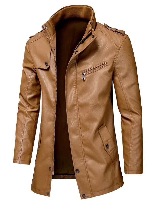 Cappotto lungo da uomo uomo autunno moda giacca lunga in pelle con tasca calda uomo inverno casual giacca in pelle vintage stile Inghilterra Parka 2