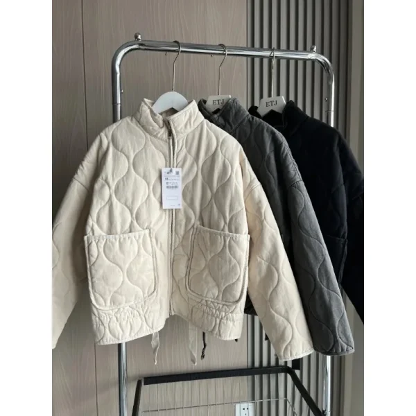 ZW Giacca in cotone da donna 2025 Nuovo arrivo Vintage Lenzing Rayon Collo alto Tasca grande Cappotto trapuntato decorativo per le donne 2