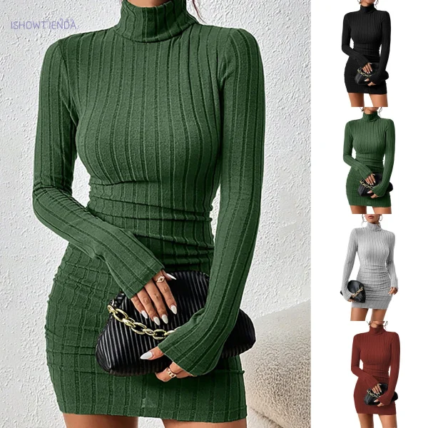 Abito con fondo lavorato a maglia Donna Elegante festa Autunno Inverno Dolcevita Maniche lunghe Mini tubino sexy Abito aderente da club 1