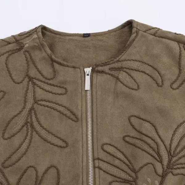 Elegante giacca con superficie in pelle scamosciata da donna con motivo ricamato Top casual autunno inverno moda streetwear per donna 3