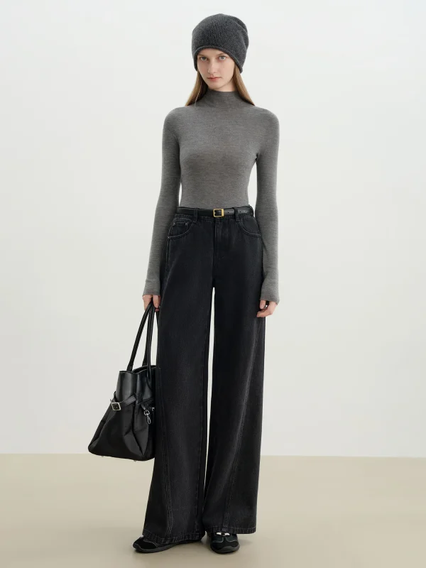 ZIQIAO 2025 Nuovo arrivo dimagrante a vita alta taglio dritto jeans a gamba larga elegante design raschiante denim di cotone per l'inverno 3