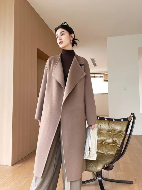 Cappotto di lana con colletto doppio scopo Bottone in corno Cappotto di lana 100% da donna Doppi strati Autunno Inverno Giacca lunga Trench spesso # 23 6