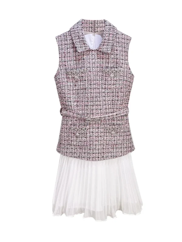 Abito da donna elegante finto in due pezzi patchwork di tweed a pieghe senza maniche colletto rovesciato mini vestaglia di lusso da donna con fasce 1