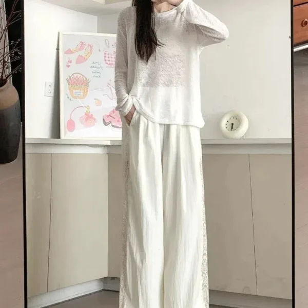Pantaloni a gamba larga in pizzo per le donne nell'estate 2025 Nuovo design casual a gamba dritta a vita alta Protezione solare Pantaloni in seta ghiacciata fresca Camminata 3