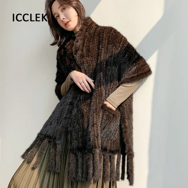 Scialle di pelliccia di visone Donna Inverno Caldo di lusso Sciarpa di pelliccia di grandi dimensioni Sciarpe di pelliccia lavorate a maglia da donna Avvolge Scialli da sposa per feste serali 4