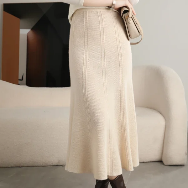 Gonna lavorata a maglia in pura lana al 100% Autunno e inverno da donna Nuova gonna lunga a vita alta e anca di media lunghezza Gonna ombrello in cashmere sottile 3