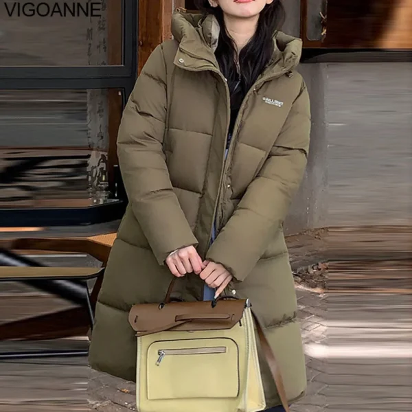 VigoAnne 2025 inverno cerniera con cappuccio piumino lungo cappotto coreano donna manica lunga tasca giacca allentata solida signora spessa tuta sportiva calda 3
